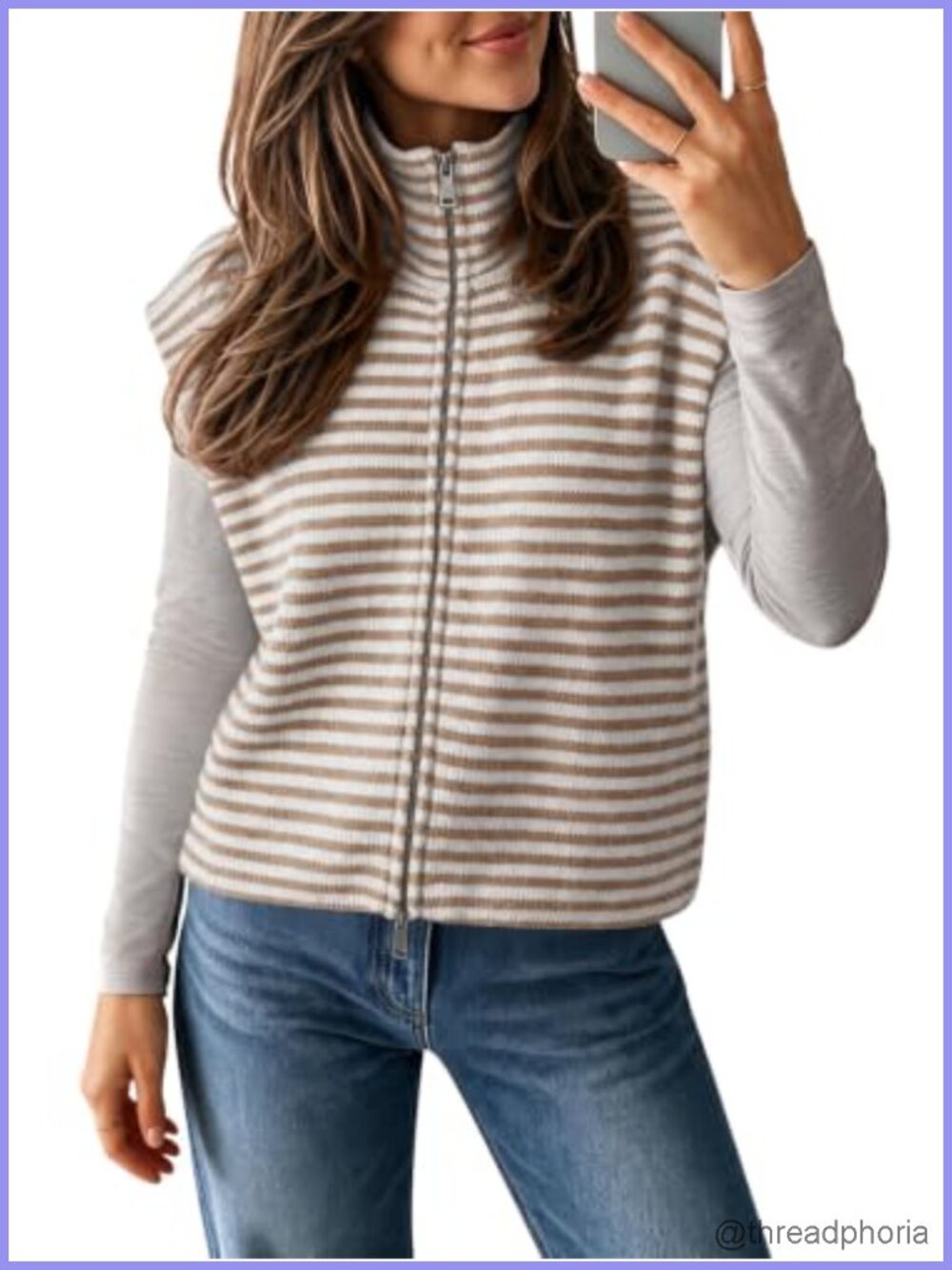 Women's Striped Knit Sweater Vest Zip Up Lightweight Cardigan